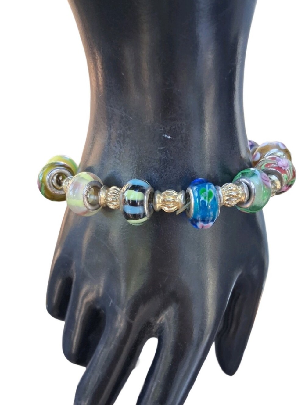 Vintage Murano Style Lampwork Art Glass Bead Stretch Bracelet Floral Polka Dot
